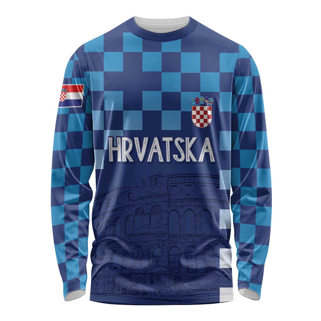 Croatia Football 2025 Custom Long Sleeve Shirt Blue Hrvatska Kockasti - Pula Arena