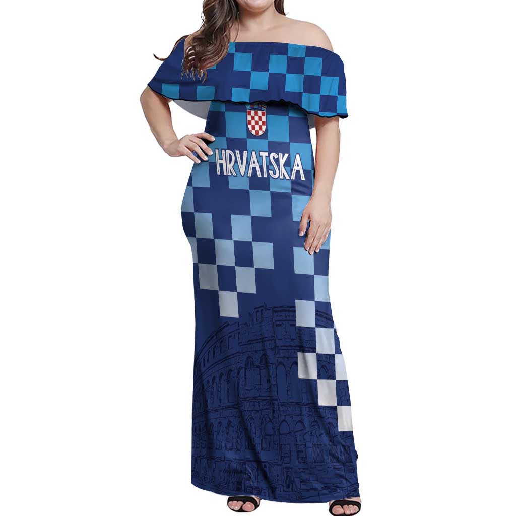 Croatia Football 2025 Custom Off Shoulder Maxi Dress Blue Hrvatska Kockasti - Pula Arena
