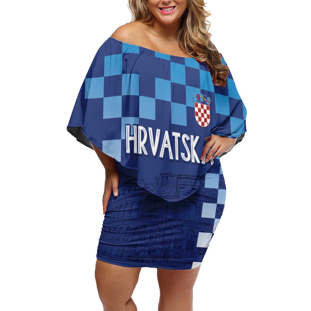 Croatia Football 2025 Custom Off Shoulder Short Dress Blue Hrvatska Kockasti - Pula Arena