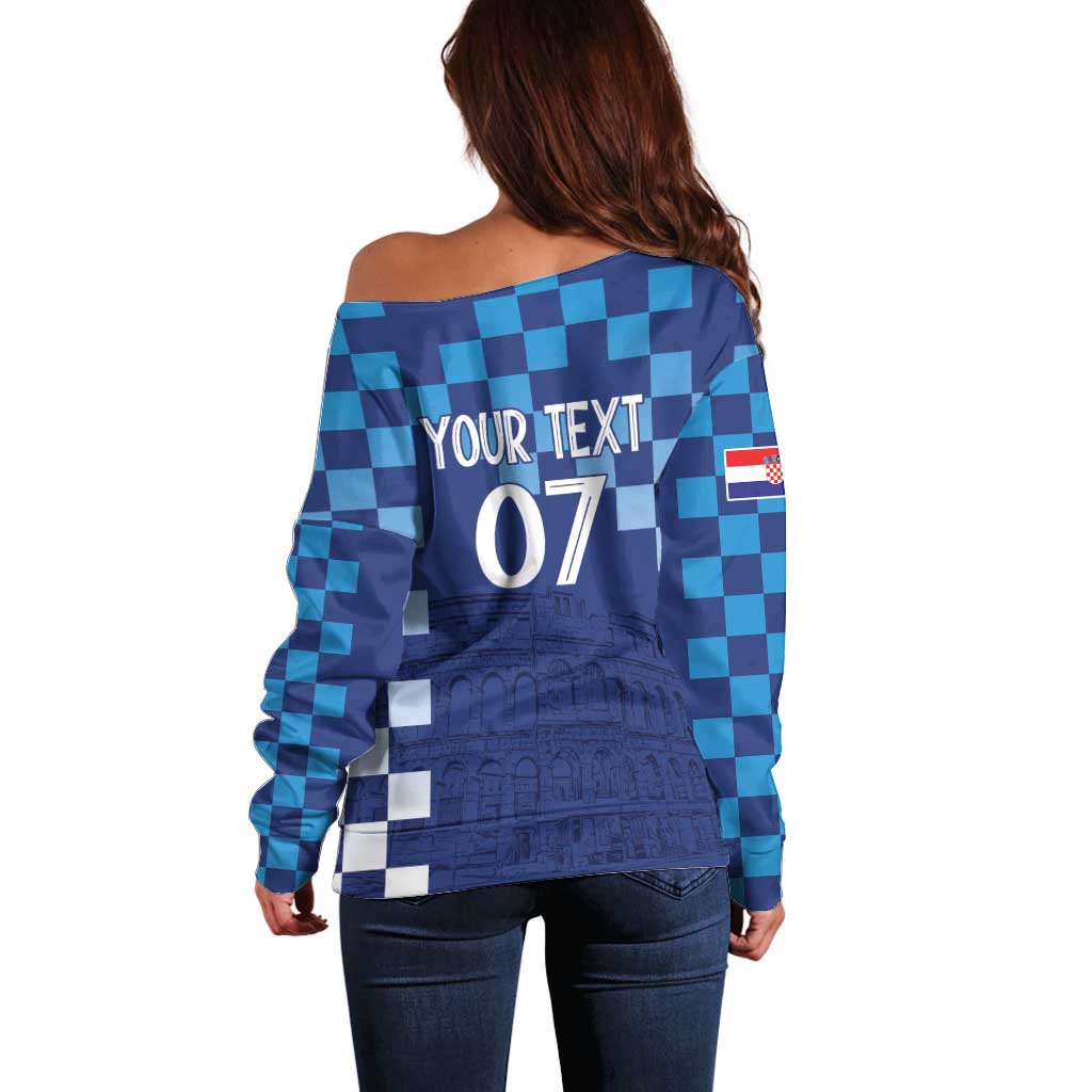 Croatia Football 2025 Custom Off Shoulder Sweater Blue Hrvatska Kockasti - Pula Arena