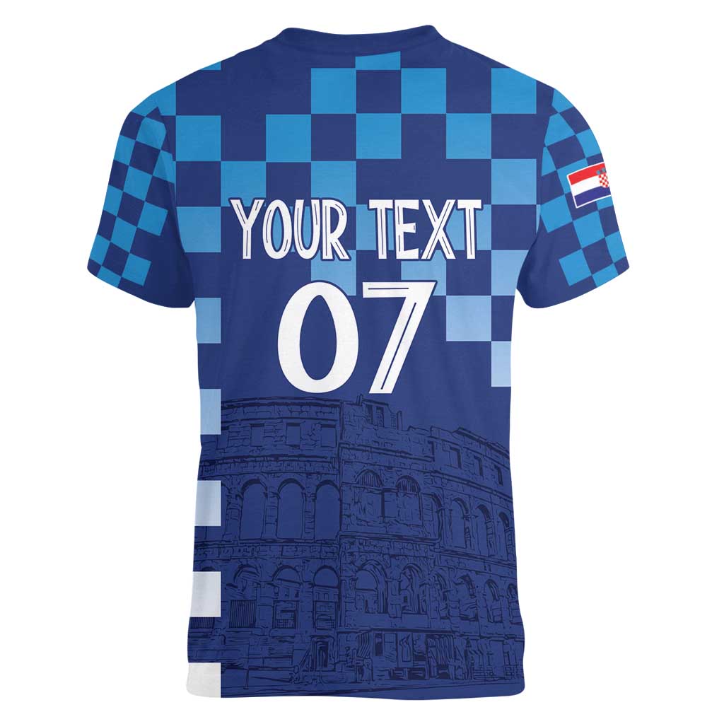 Croatia Football 2025 Custom Women V-Neck T-Shirt Blue Hrvatska Kockasti - Pula Arena