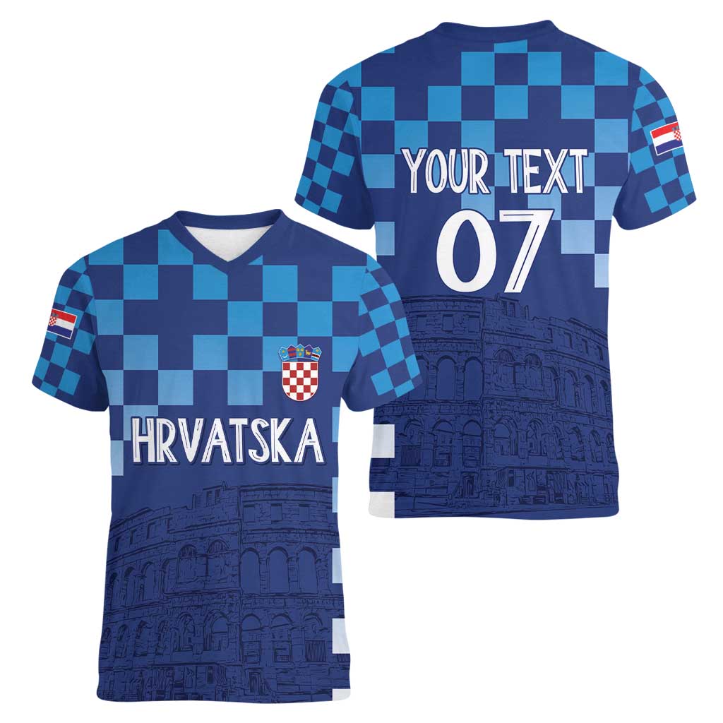 Croatia Football 2025 Custom Women V-Neck T-Shirt Blue Hrvatska Kockasti - Pula Arena