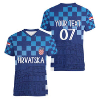 Croatia Football 2025 Custom Women V-Neck T-Shirt Blue Hrvatska Kockasti - Pula Arena