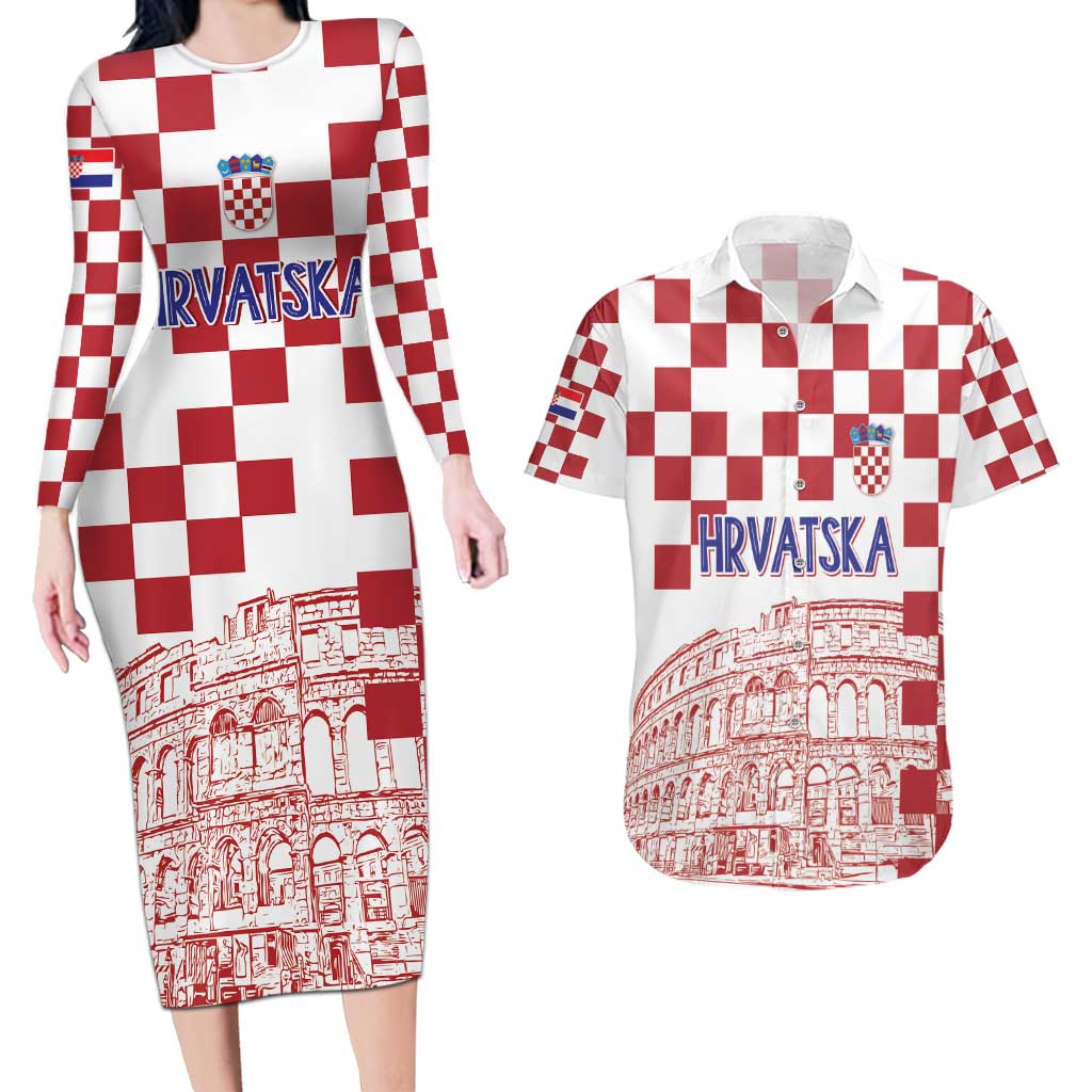 Croatia Football 2025 Custom Couples Matching Long Sleeve Bodycon Dress and Hawaiian Shirt White Hrvatska Kockasti - Pula Arena