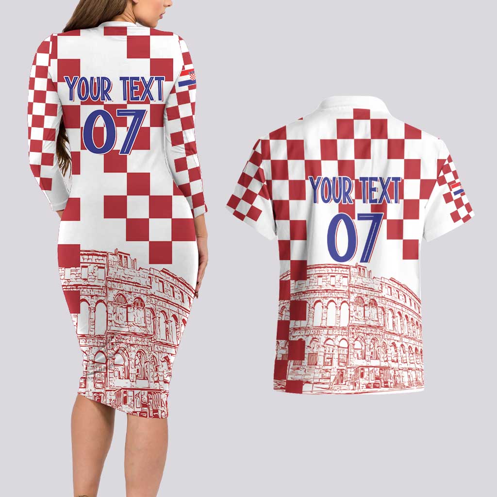Croatia Football 2025 Custom Couples Matching Long Sleeve Bodycon Dress and Hawaiian Shirt White Hrvatska Kockasti - Pula Arena