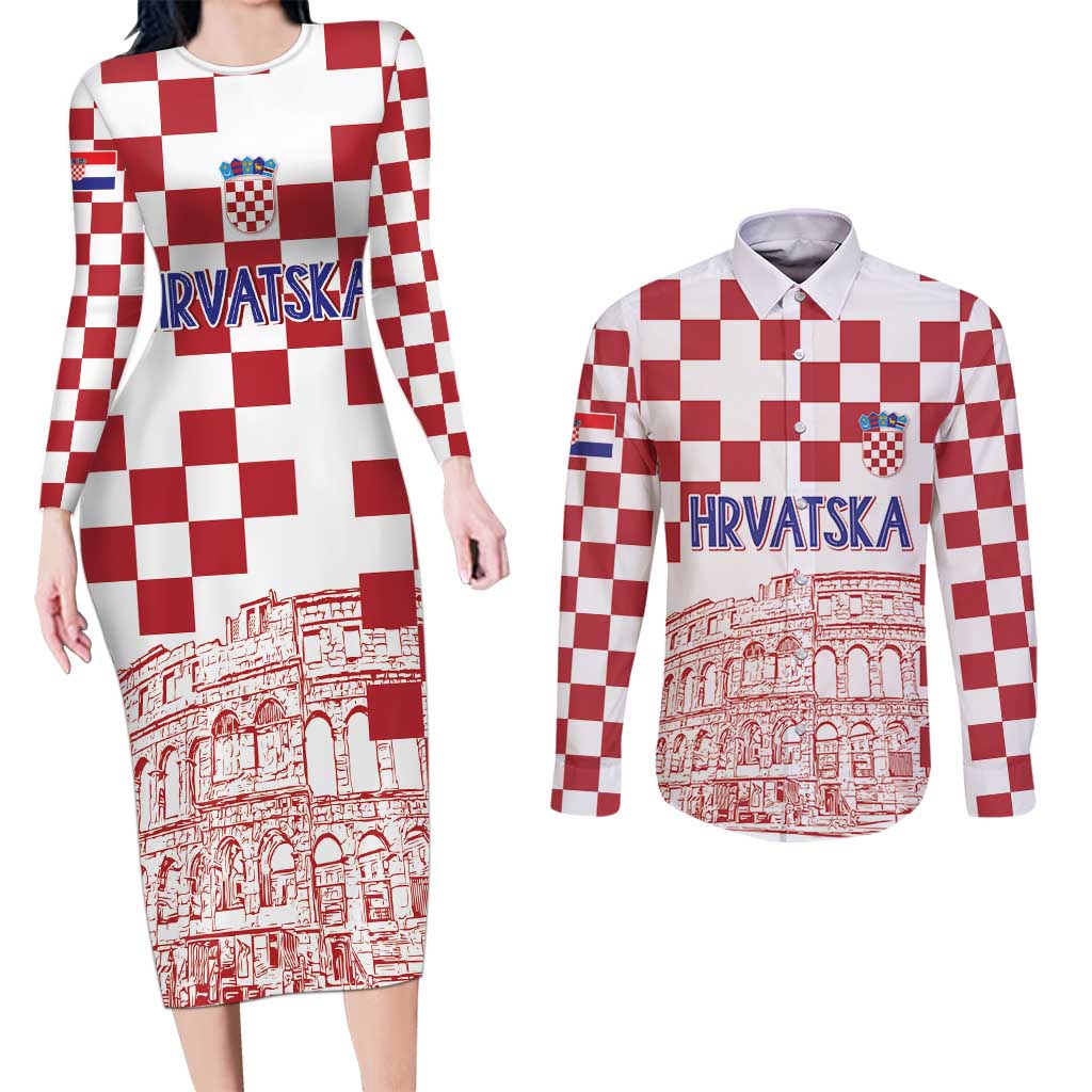 Croatia Football 2025 Custom Couples Matching Long Sleeve Bodycon Dress and Long Sleeve Button Shirt White Hrvatska Kockasti - Pula Arena