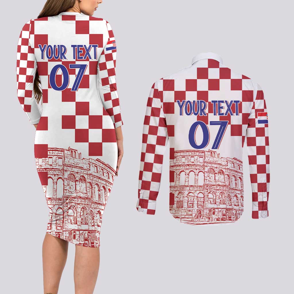 Croatia Football 2025 Custom Couples Matching Long Sleeve Bodycon Dress and Long Sleeve Button Shirt White Hrvatska Kockasti - Pula Arena