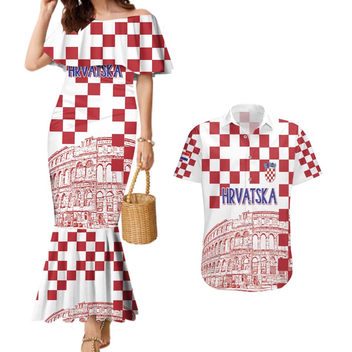 Croatia Football 2025 Custom Couples Matching Mermaid Dress and Hawaiian Shirt White Hrvatska Kockasti - Pula Arena