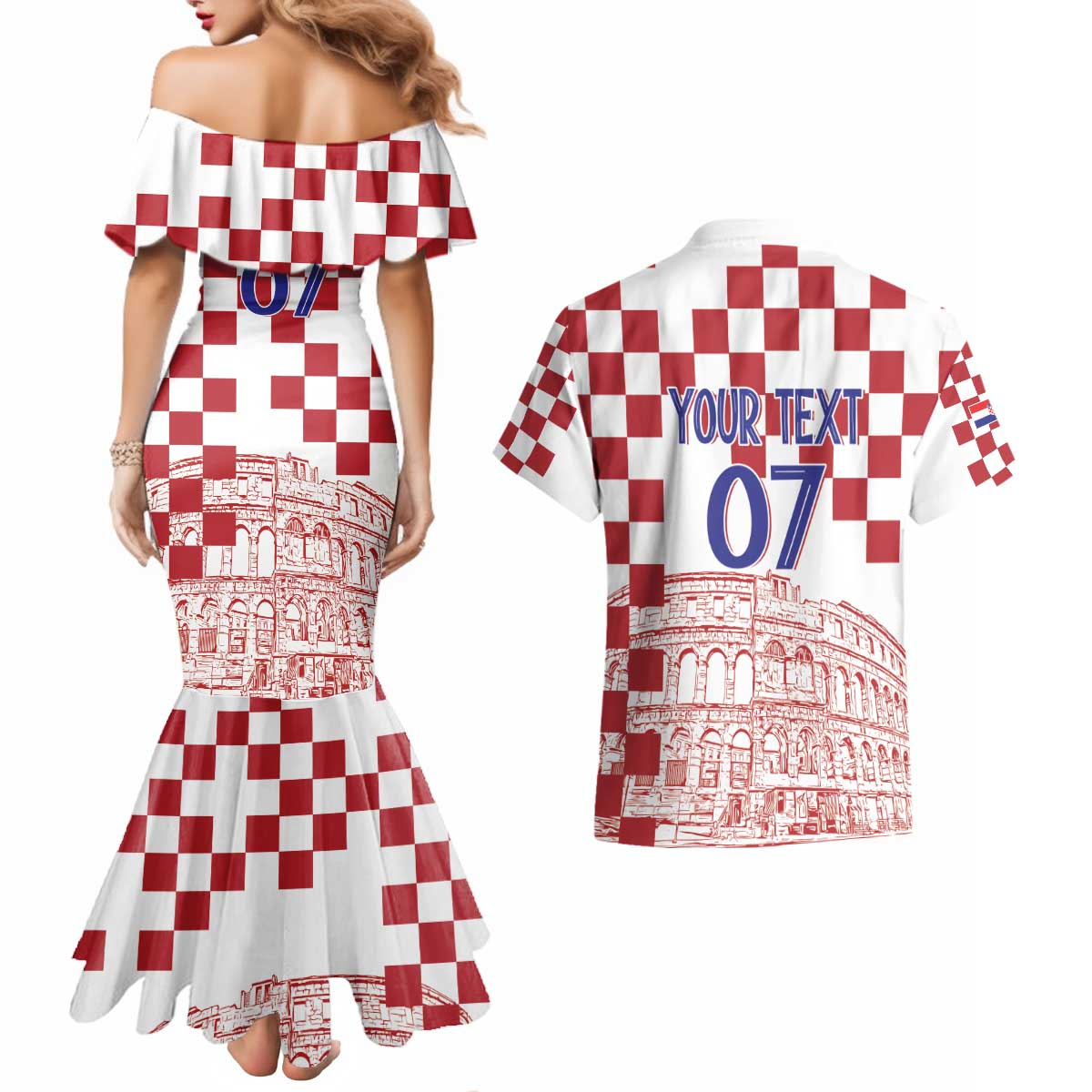 Croatia Football 2025 Custom Couples Matching Mermaid Dress and Hawaiian Shirt White Hrvatska Kockasti - Pula Arena