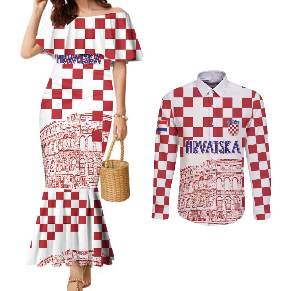 Croatia Football 2025 Custom Couples Matching Mermaid Dress and Long Sleeve Button Shirt White Hrvatska Kockasti - Pula Arena