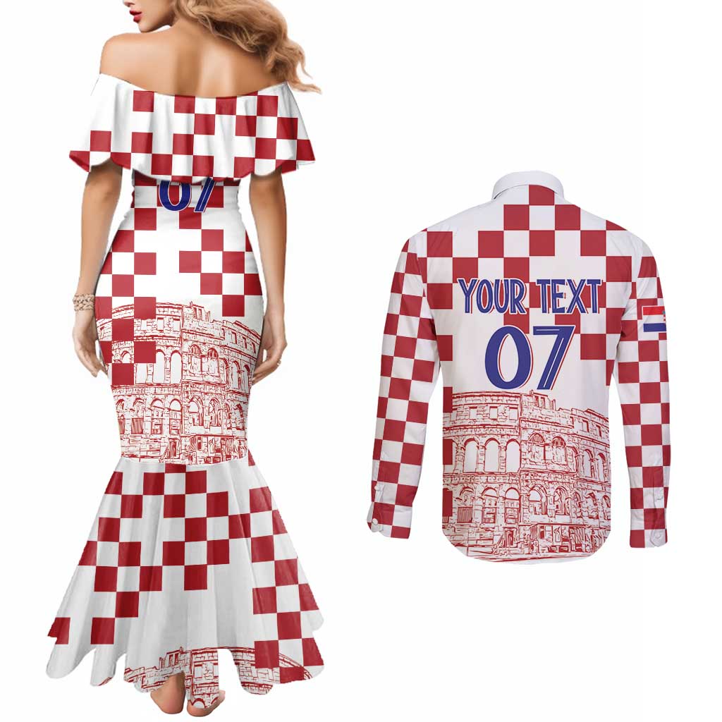 Croatia Football 2025 Custom Couples Matching Mermaid Dress and Long Sleeve Button Shirt White Hrvatska Kockasti - Pula Arena