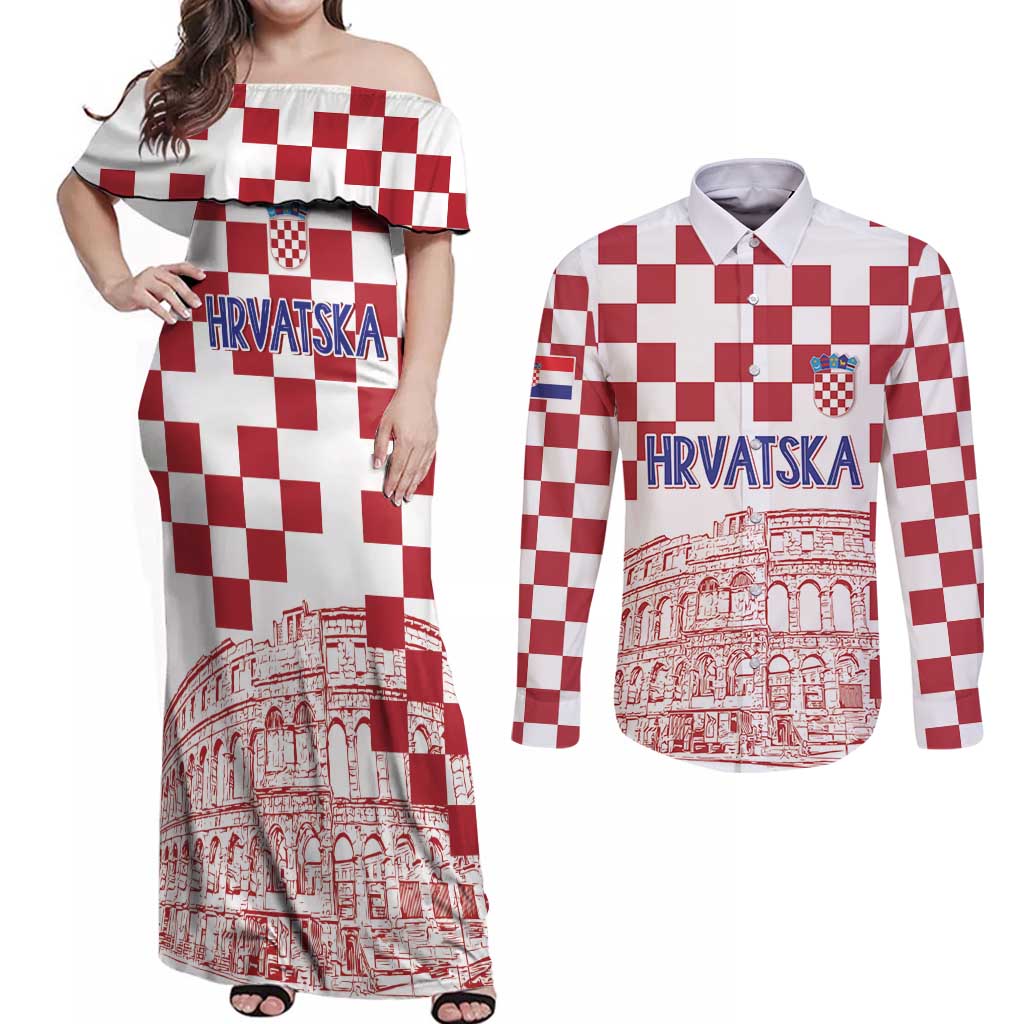 Croatia Football 2025 Custom Couples Matching Off Shoulder Maxi Dress and Long Sleeve Button Shirt White Hrvatska Kockasti - Pula Arena