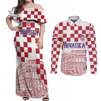 Croatia Football 2025 Custom Couples Matching Off Shoulder Maxi Dress and Long Sleeve Button Shirt White Hrvatska Kockasti - Pula Arena