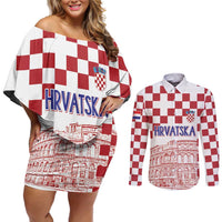 Croatia Football 2025 Custom Couples Matching Off Shoulder Short Dress and Long Sleeve Button Shirt White Hrvatska Kockasti - Pula Arena