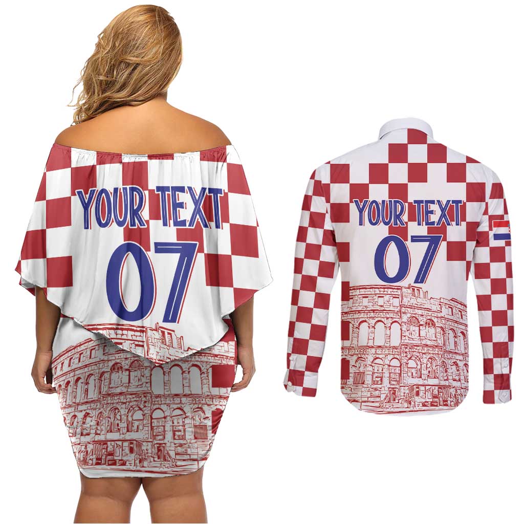 Croatia Football 2025 Custom Couples Matching Off Shoulder Short Dress and Long Sleeve Button Shirt White Hrvatska Kockasti - Pula Arena