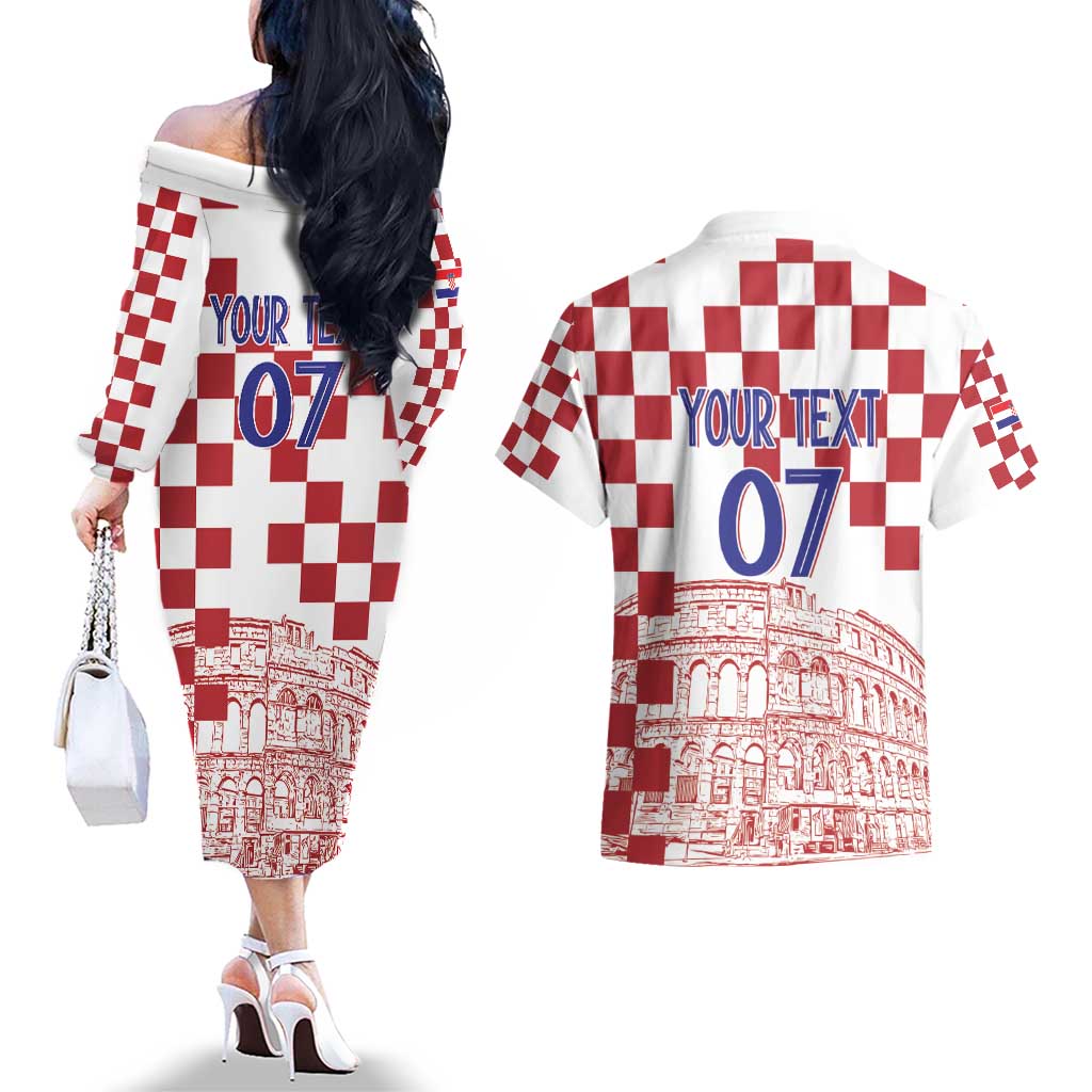 Croatia Football 2025 Custom Couples Matching Off The Shoulder Long Sleeve Dress and Hawaiian Shirt White Hrvatska Kockasti - Pula Arena