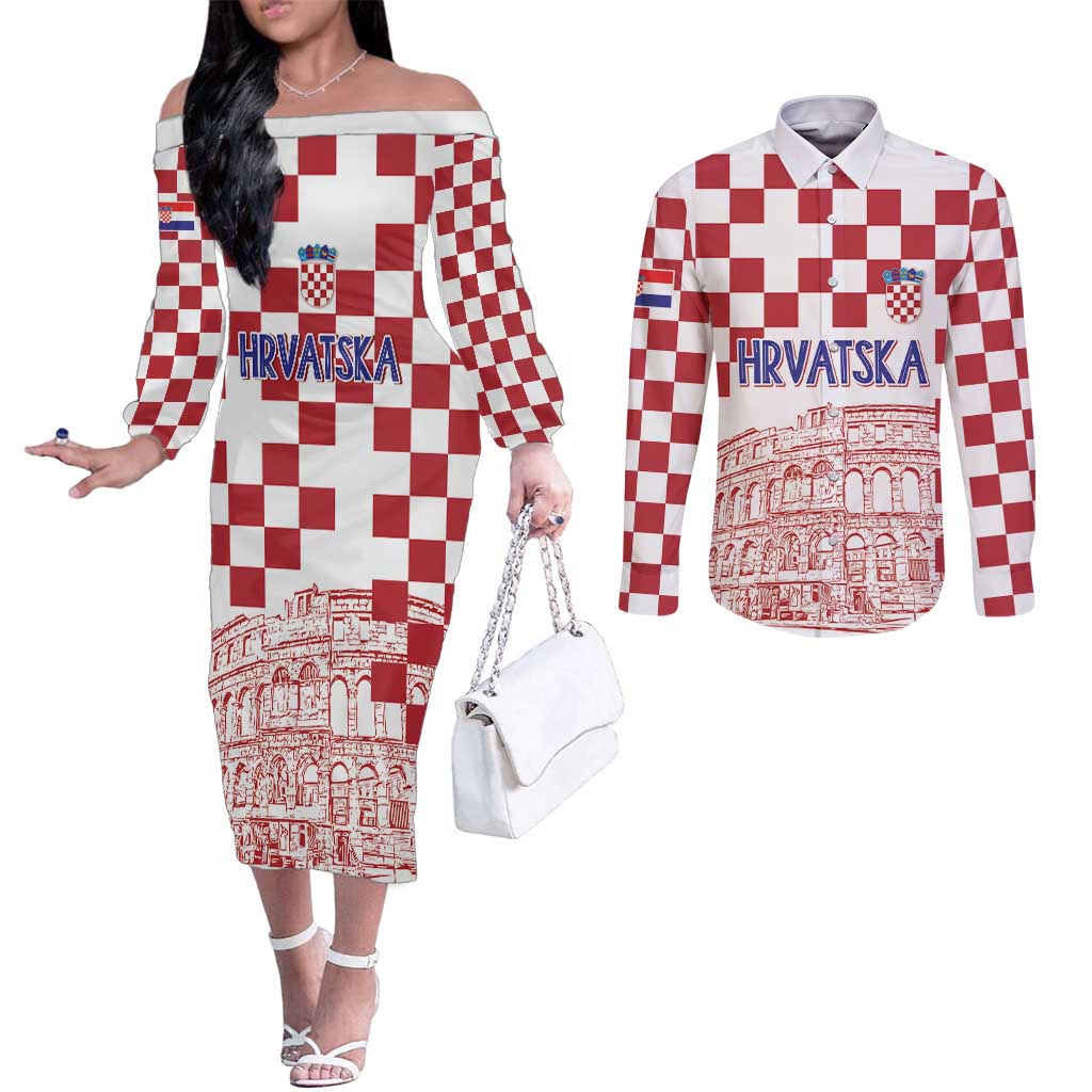 Croatia Football 2025 Custom Couples Matching Off The Shoulder Long Sleeve Dress and Long Sleeve Button Shirt White Hrvatska Kockasti - Pula Arena