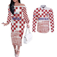 Croatia Football 2025 Custom Couples Matching Off The Shoulder Long Sleeve Dress and Long Sleeve Button Shirt White Hrvatska Kockasti - Pula Arena
