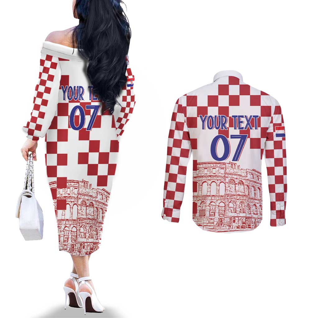 Croatia Football 2025 Custom Couples Matching Off The Shoulder Long Sleeve Dress and Long Sleeve Button Shirt White Hrvatska Kockasti - Pula Arena