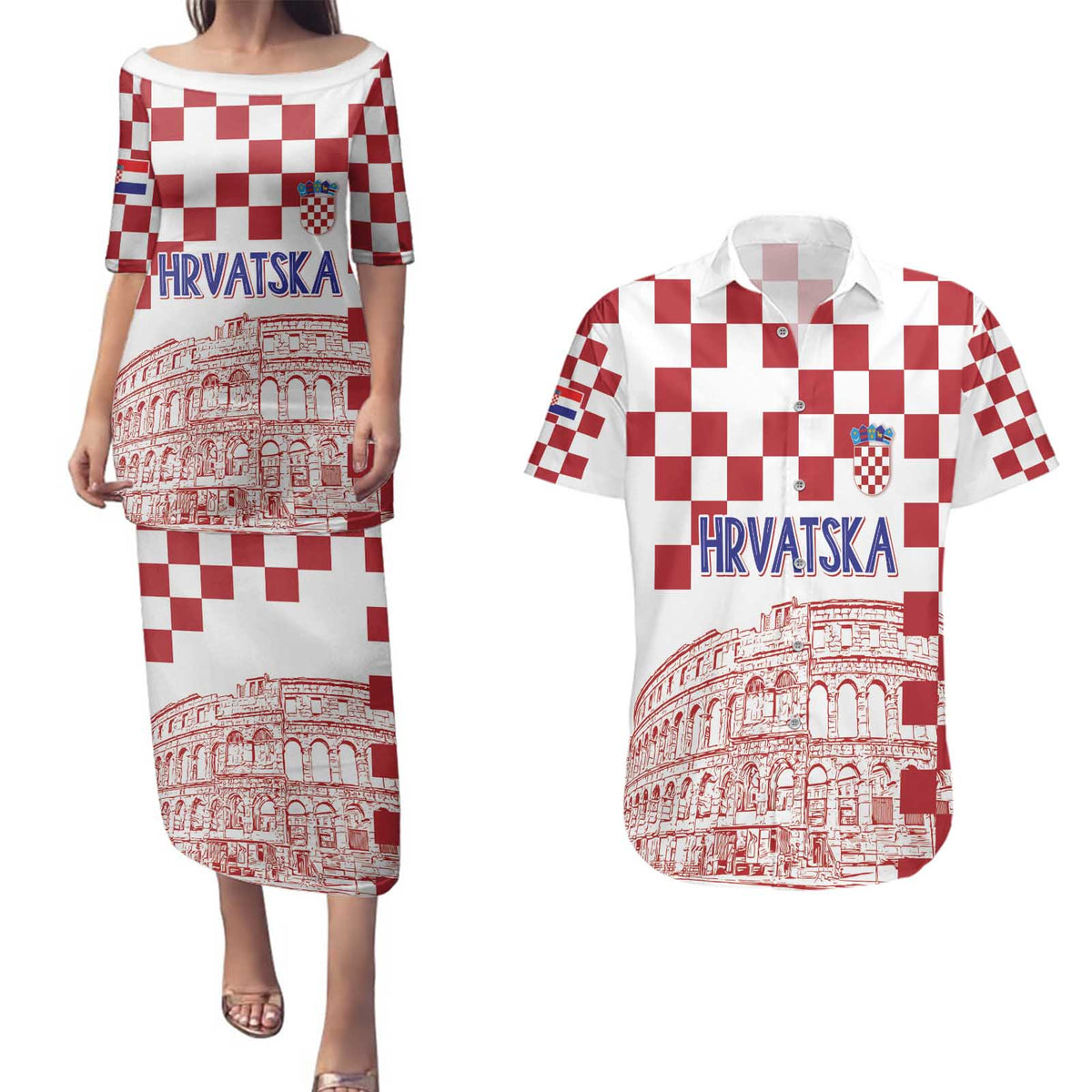 Croatia Football 2025 Custom Couples Matching Puletasi and Hawaiian Shirt White Hrvatska Kockasti - Pula Arena