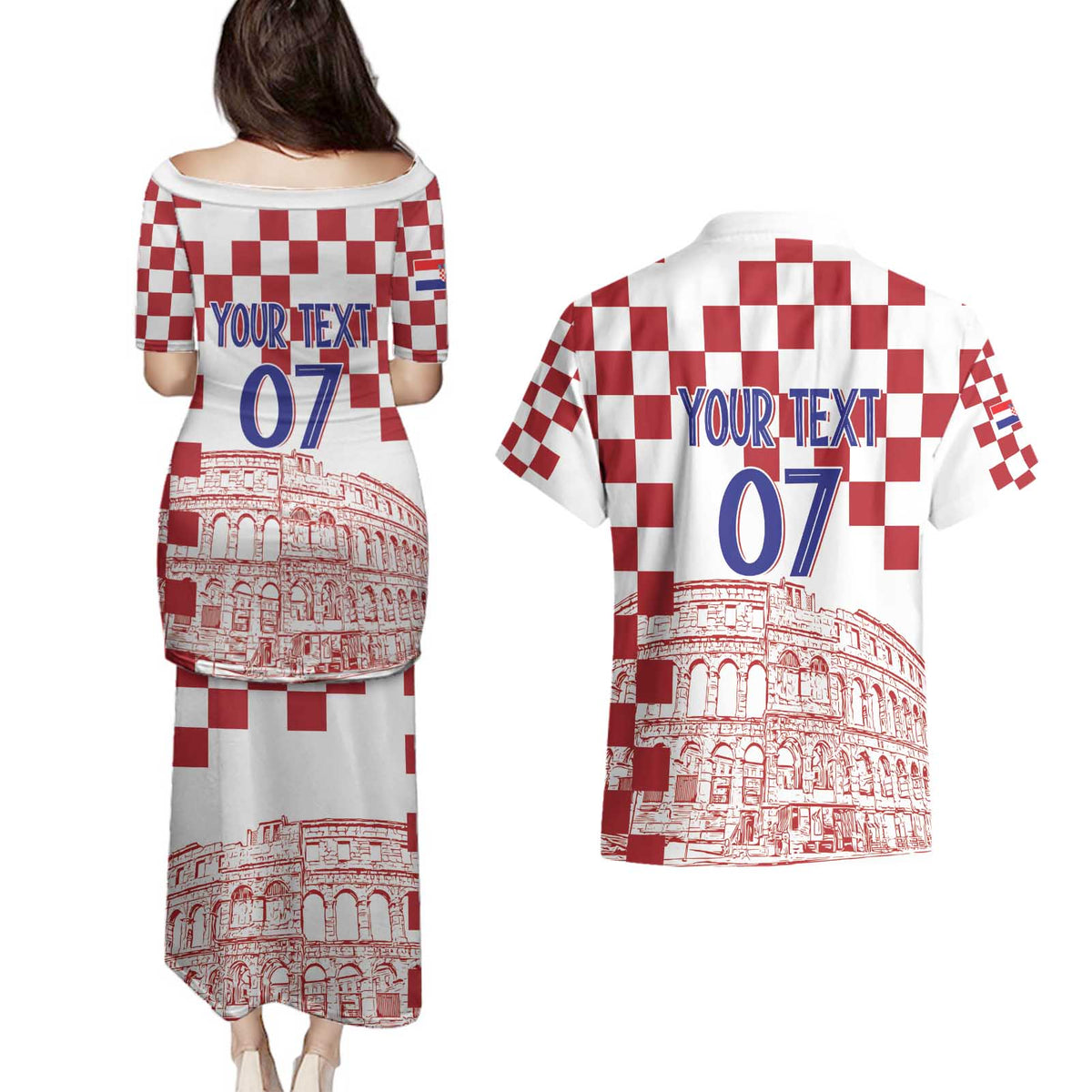 Croatia Football 2025 Custom Couples Matching Puletasi and Hawaiian Shirt White Hrvatska Kockasti - Pula Arena