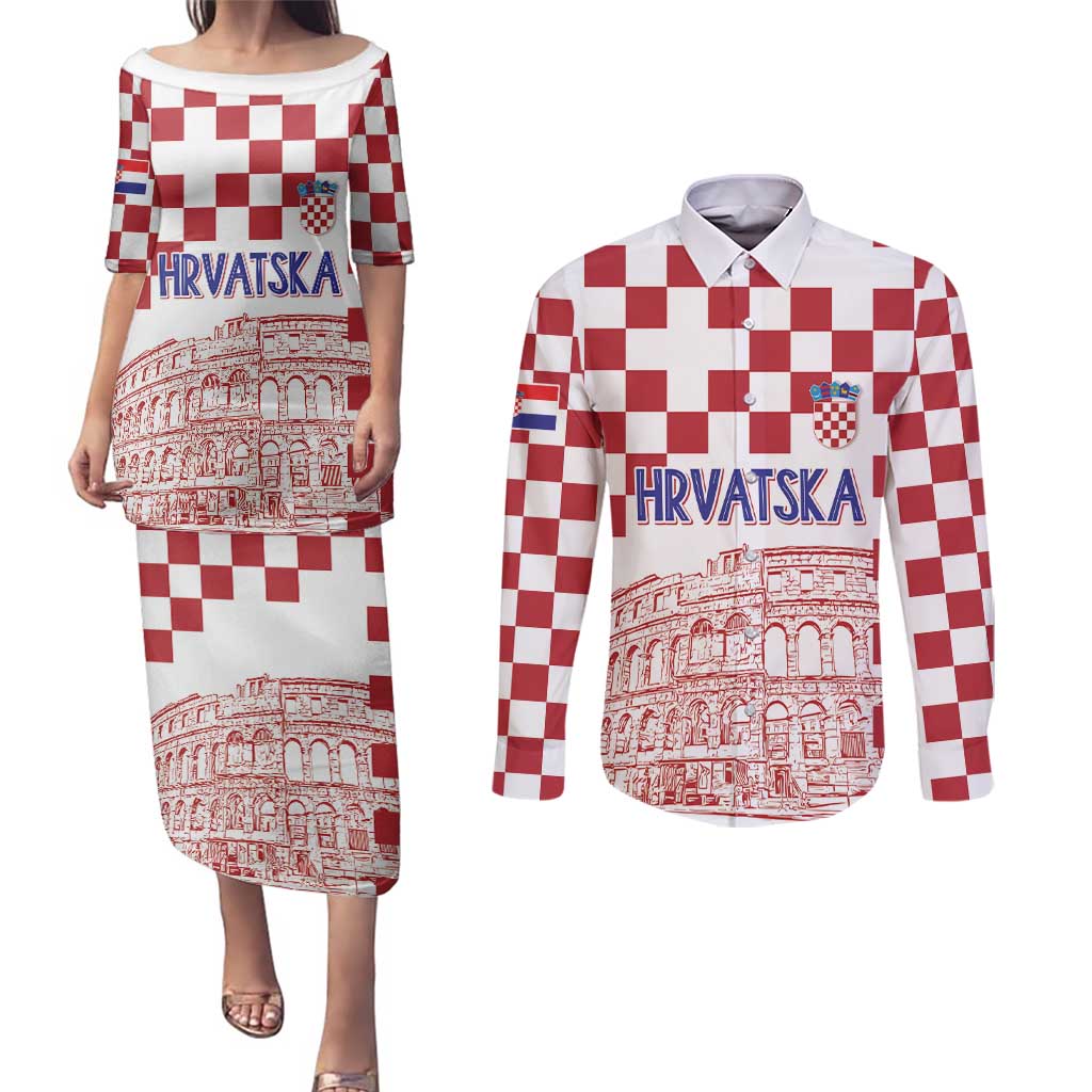 Croatia Football 2025 Custom Couples Matching Puletasi and Long Sleeve Button Shirt White Hrvatska Kockasti - Pula Arena