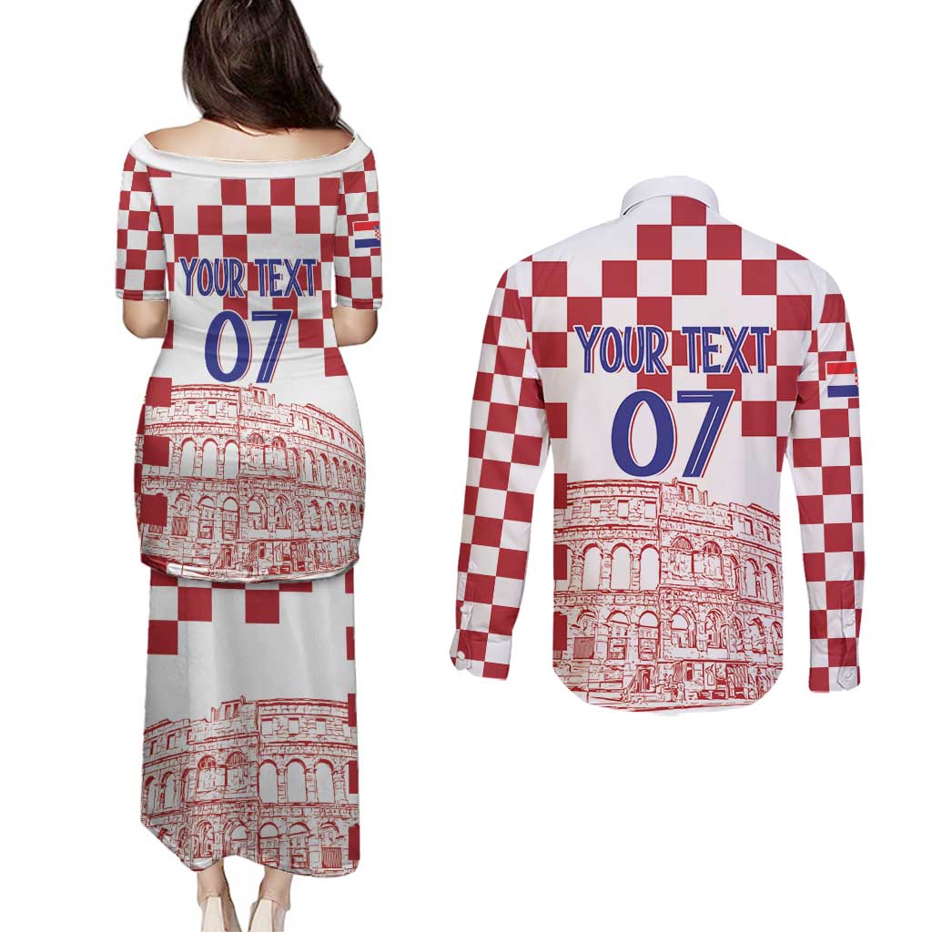 Croatia Football 2025 Custom Couples Matching Puletasi and Long Sleeve Button Shirt White Hrvatska Kockasti - Pula Arena