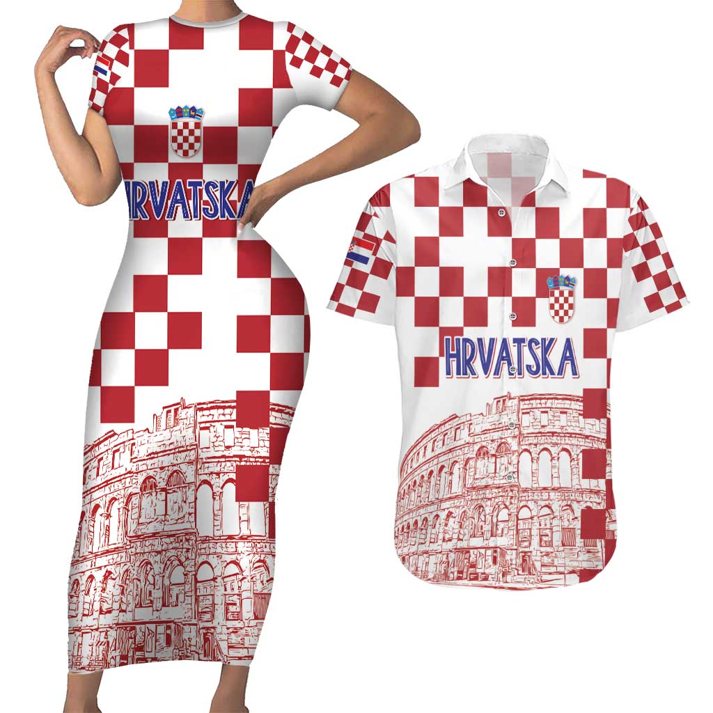 Croatia Football 2025 Custom Couples Matching Short Sleeve Bodycon Dress and Hawaiian Shirt White Hrvatska Kockasti - Pula Arena