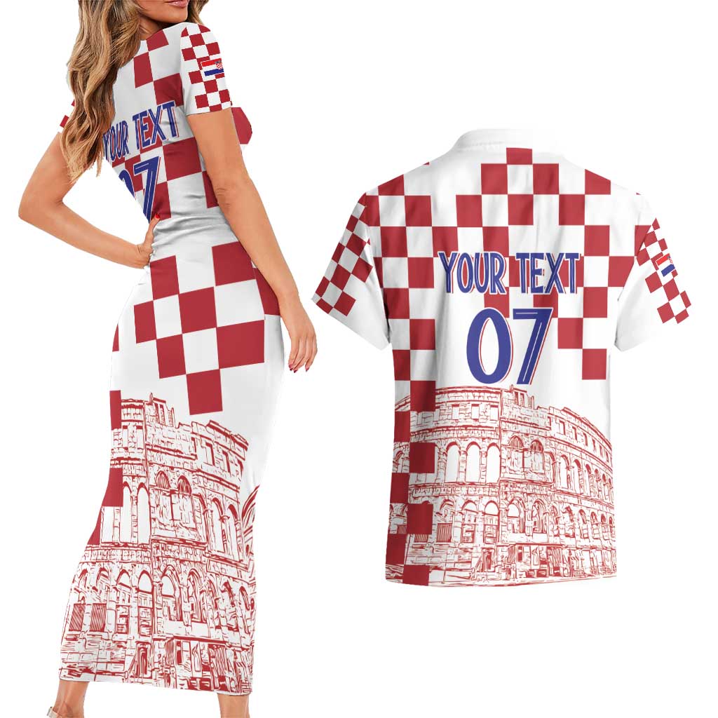 Croatia Football 2025 Custom Couples Matching Short Sleeve Bodycon Dress and Hawaiian Shirt White Hrvatska Kockasti - Pula Arena
