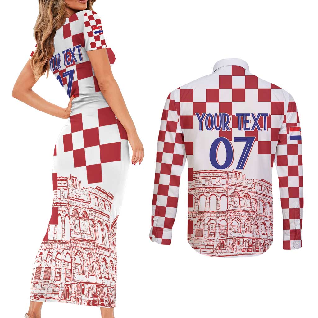 Croatia Football 2025 Custom Couples Matching Short Sleeve Bodycon Dress and Long Sleeve Button Shirt White Hrvatska Kockasti - Pula Arena