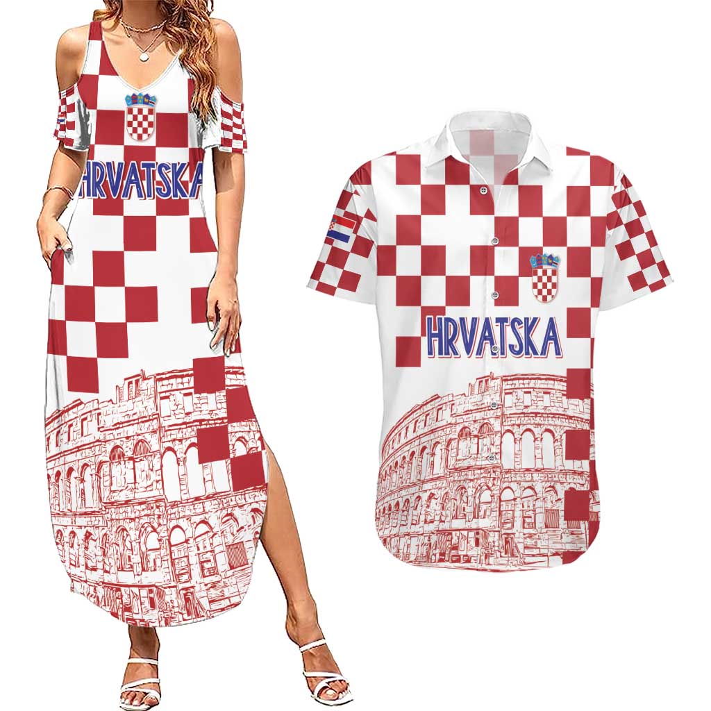 Croatia Football 2025 Custom Couples Matching Summer Maxi Dress and Hawaiian Shirt White Hrvatska Kockasti - Pula Arena