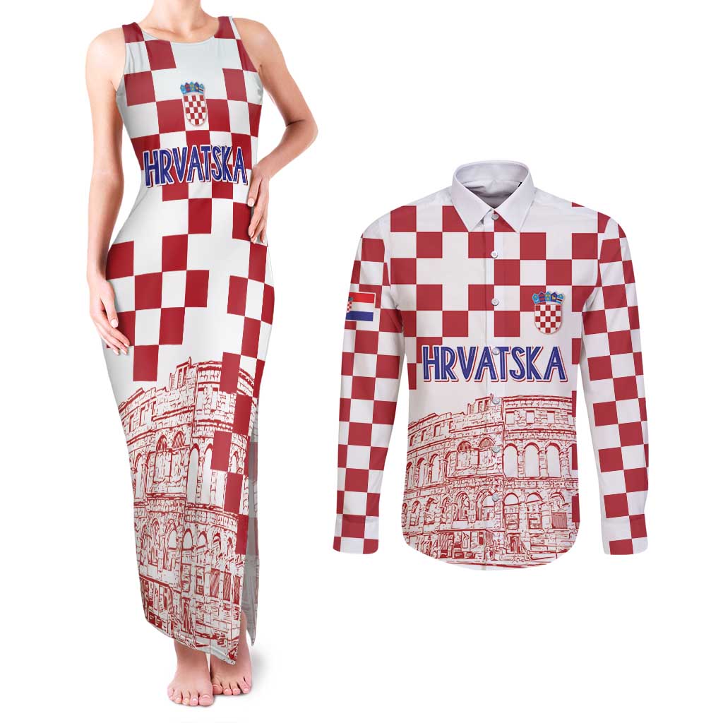 Croatia Football 2025 Custom Couples Matching Tank Maxi Dress and Long Sleeve Button Shirt White Hrvatska Kockasti - Pula Arena