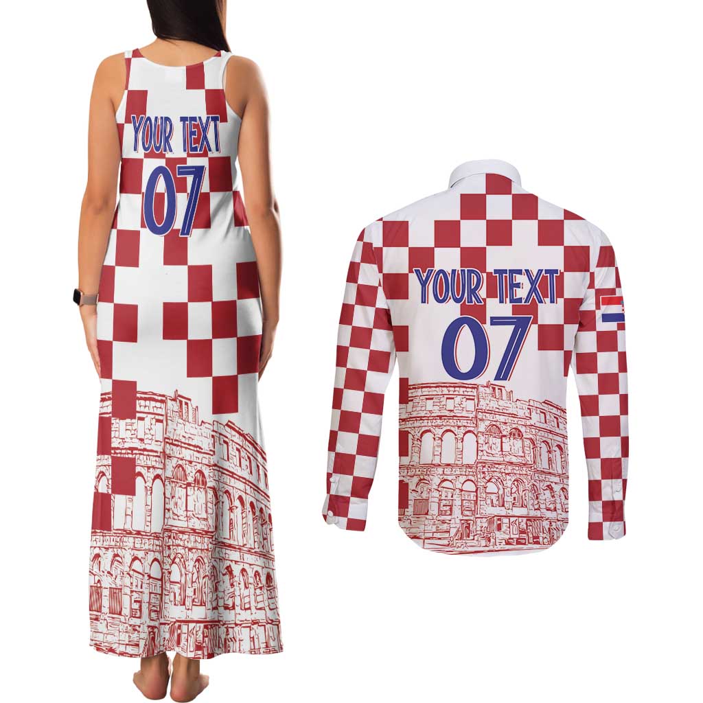 Croatia Football 2025 Custom Couples Matching Tank Maxi Dress and Long Sleeve Button Shirt White Hrvatska Kockasti - Pula Arena