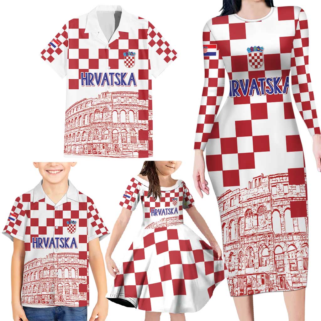 Croatia Football 2025 Custom Family Matching Long Sleeve Bodycon Dress and Hawaiian Shirt White Hrvatska Kockasti - Pula Arena