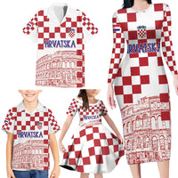 Croatia Football 2025 Custom Family Matching Long Sleeve Bodycon Dress and Hawaiian Shirt White Hrvatska Kockasti - Pula Arena