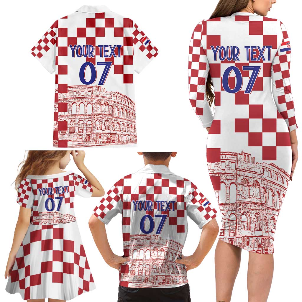 Croatia Football 2025 Custom Family Matching Long Sleeve Bodycon Dress and Hawaiian Shirt White Hrvatska Kockasti - Pula Arena
