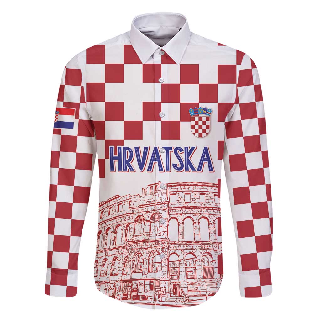 Croatia Football 2025 Custom Family Matching Long Sleeve Bodycon Dress and Hawaiian Shirt White Hrvatska Kockasti - Pula Arena