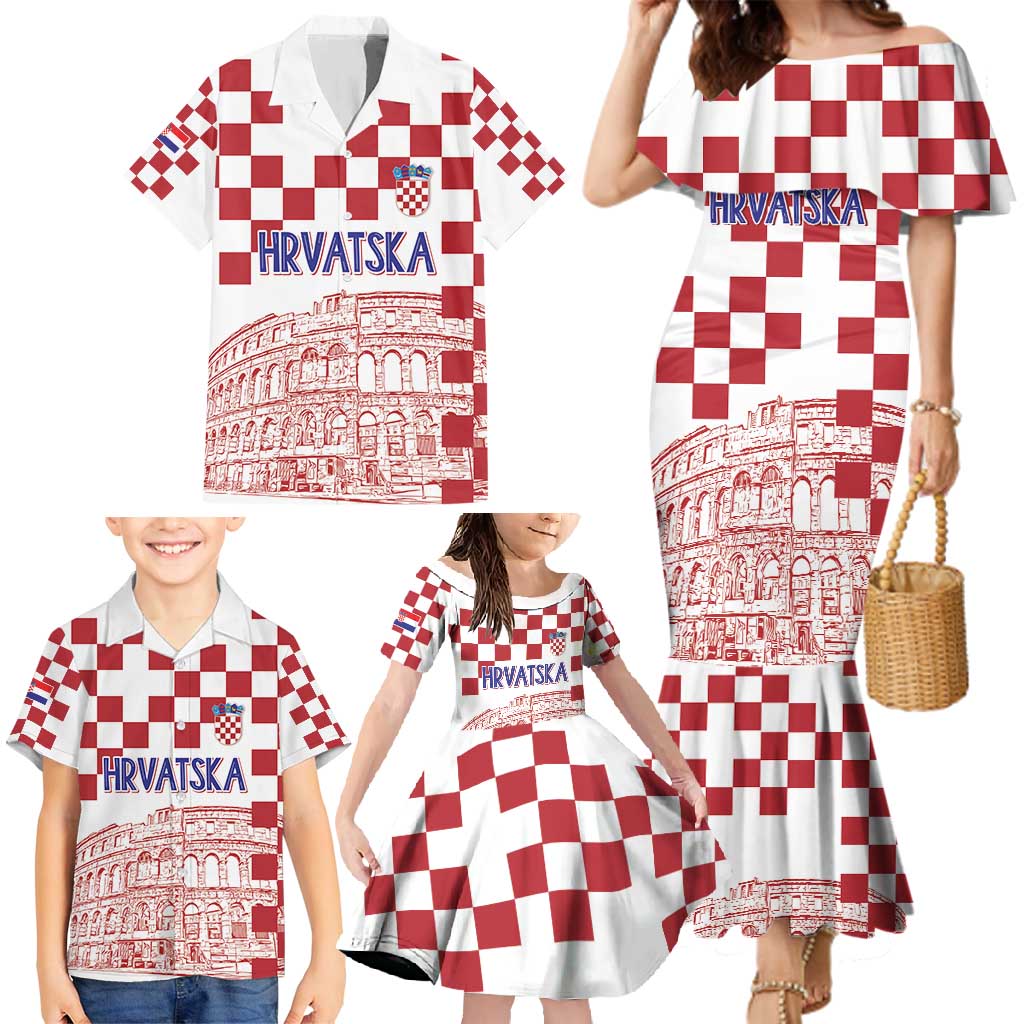 Croatia Football 2025 Custom Family Matching Mermaid Dress and Hawaiian Shirt White Hrvatska Kockasti - Pula Arena