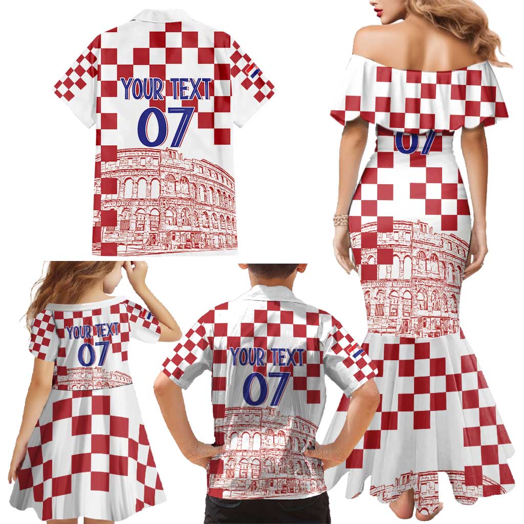 Croatia Football 2025 Custom Family Matching Mermaid Dress and Hawaiian Shirt White Hrvatska Kockasti - Pula Arena