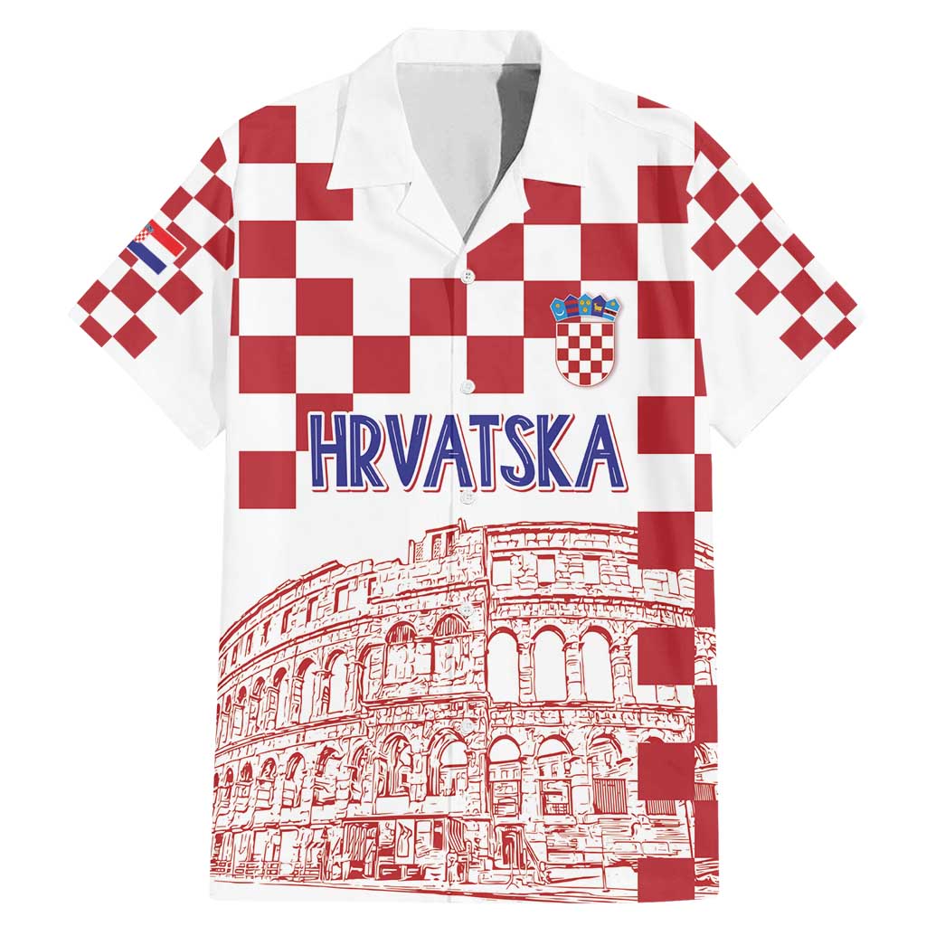 Croatia Football 2025 Custom Family Matching Mermaid Dress and Hawaiian Shirt White Hrvatska Kockasti - Pula Arena