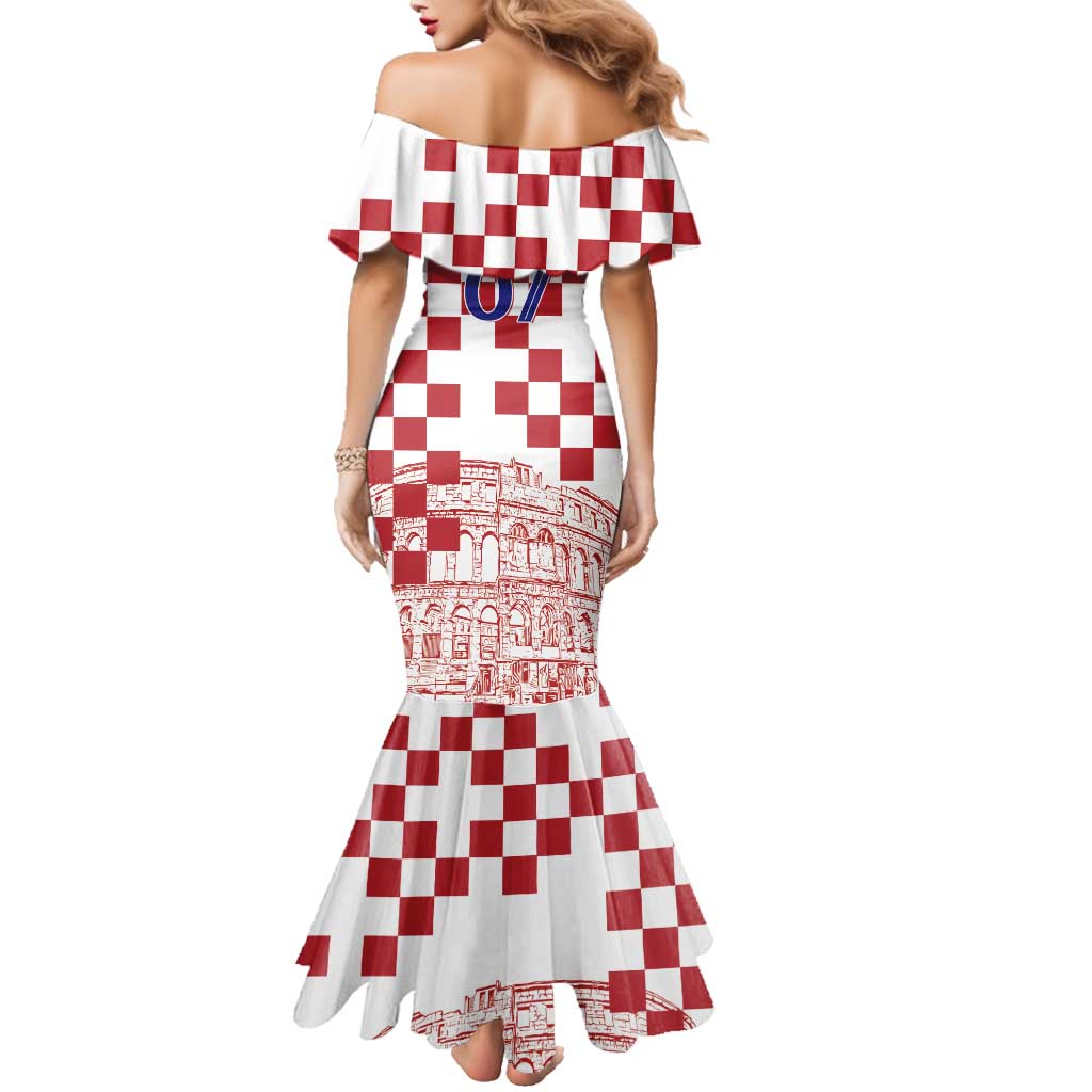 Croatia Football 2025 Custom Family Matching Mermaid Dress and Hawaiian Shirt White Hrvatska Kockasti - Pula Arena