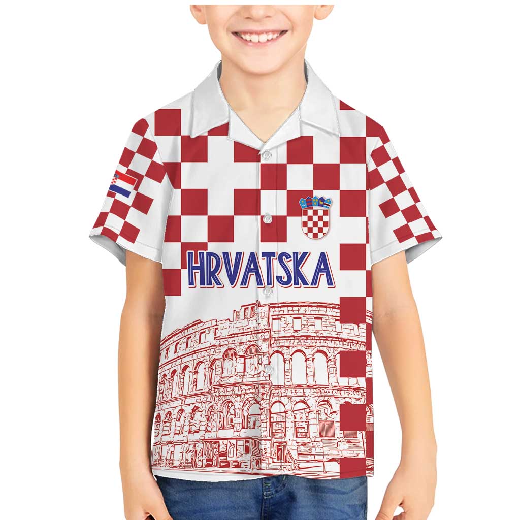 Croatia Football 2025 Custom Family Matching Mermaid Dress and Hawaiian Shirt White Hrvatska Kockasti - Pula Arena