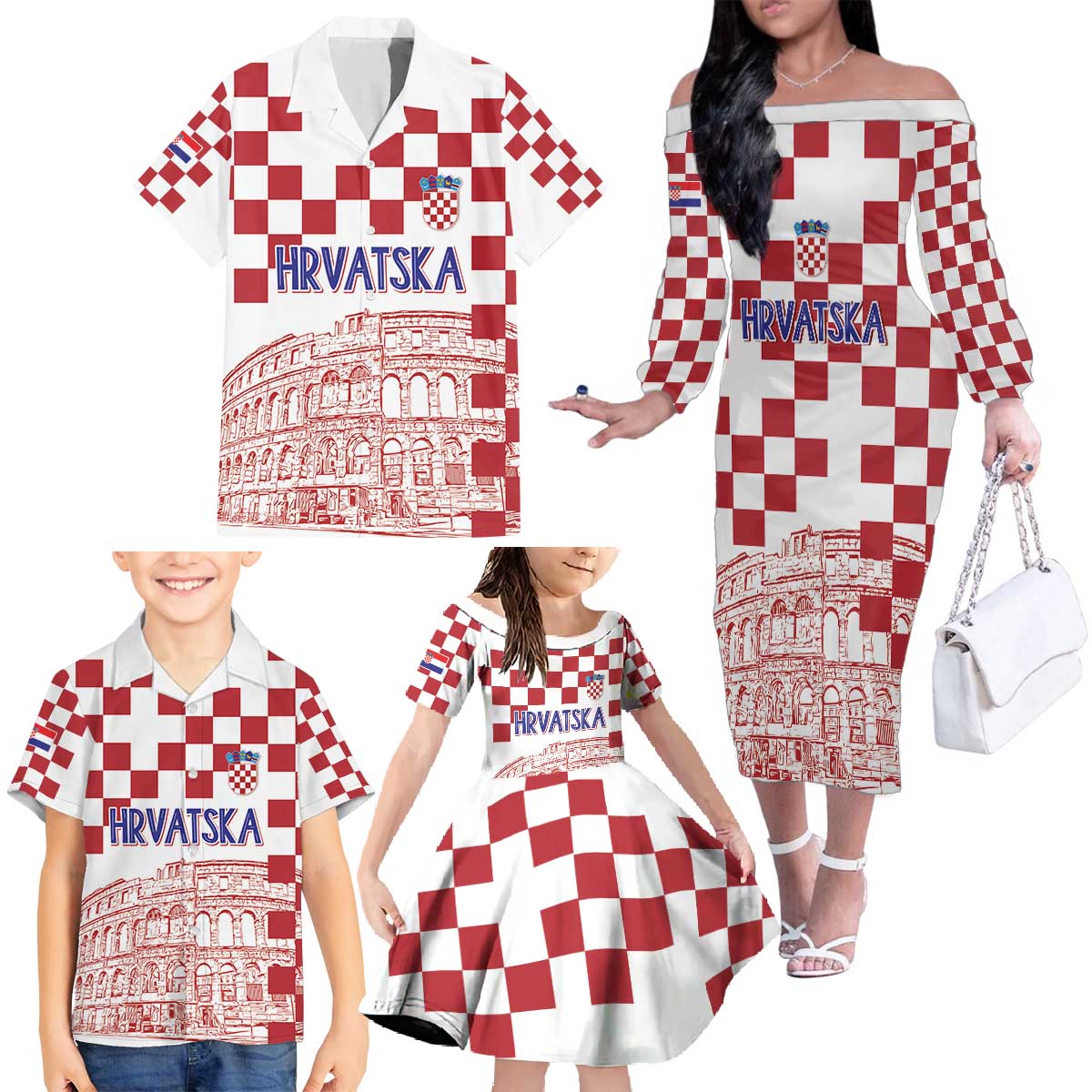 Croatia Football 2025 Custom Family Matching Off The Shoulder Long Sleeve Dress and Hawaiian Shirt White Hrvatska Kockasti - Pula Arena