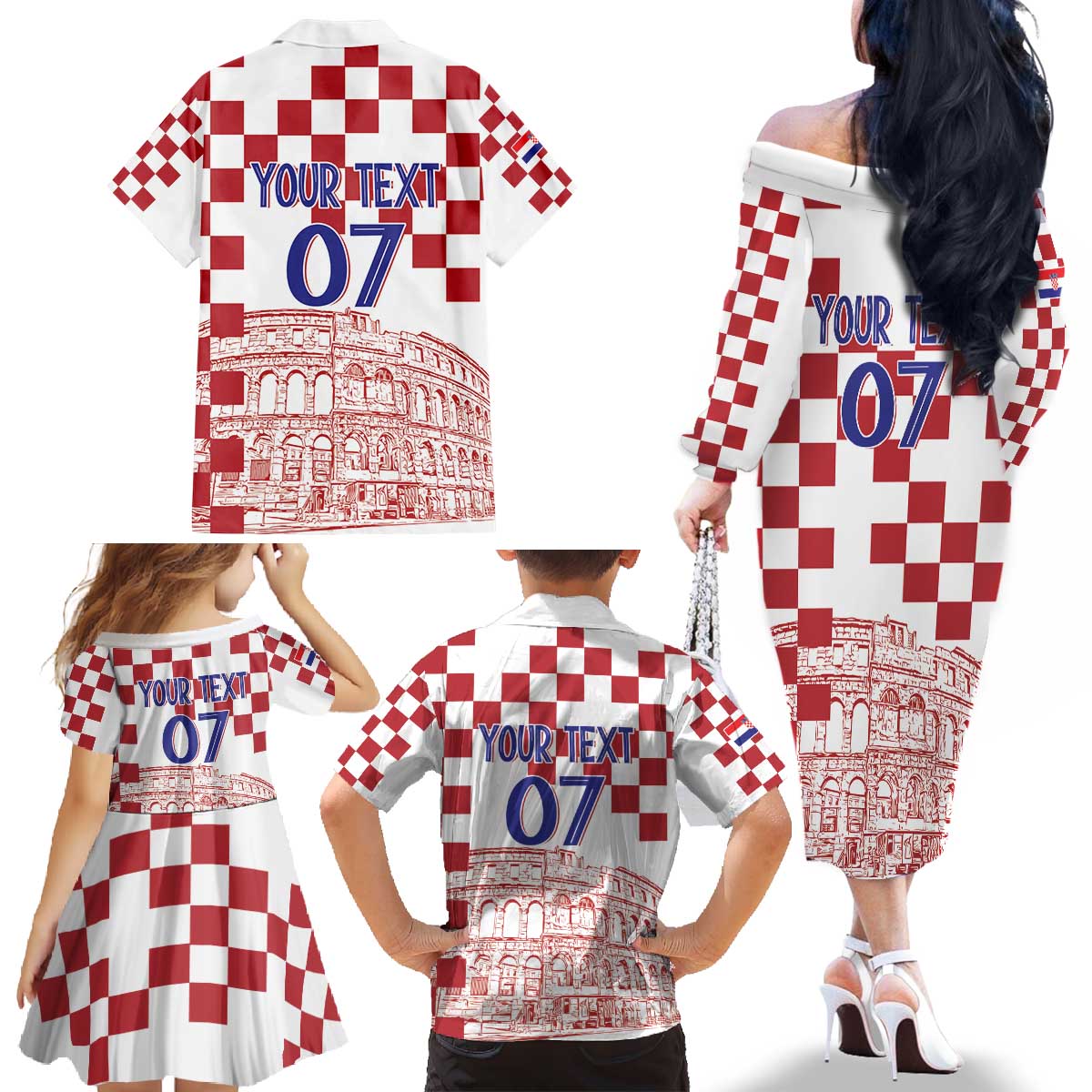 Croatia Football 2025 Custom Family Matching Off The Shoulder Long Sleeve Dress and Hawaiian Shirt White Hrvatska Kockasti - Pula Arena