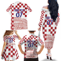 Croatia Football 2025 Custom Family Matching Off The Shoulder Long Sleeve Dress and Hawaiian Shirt White Hrvatska Kockasti - Pula Arena