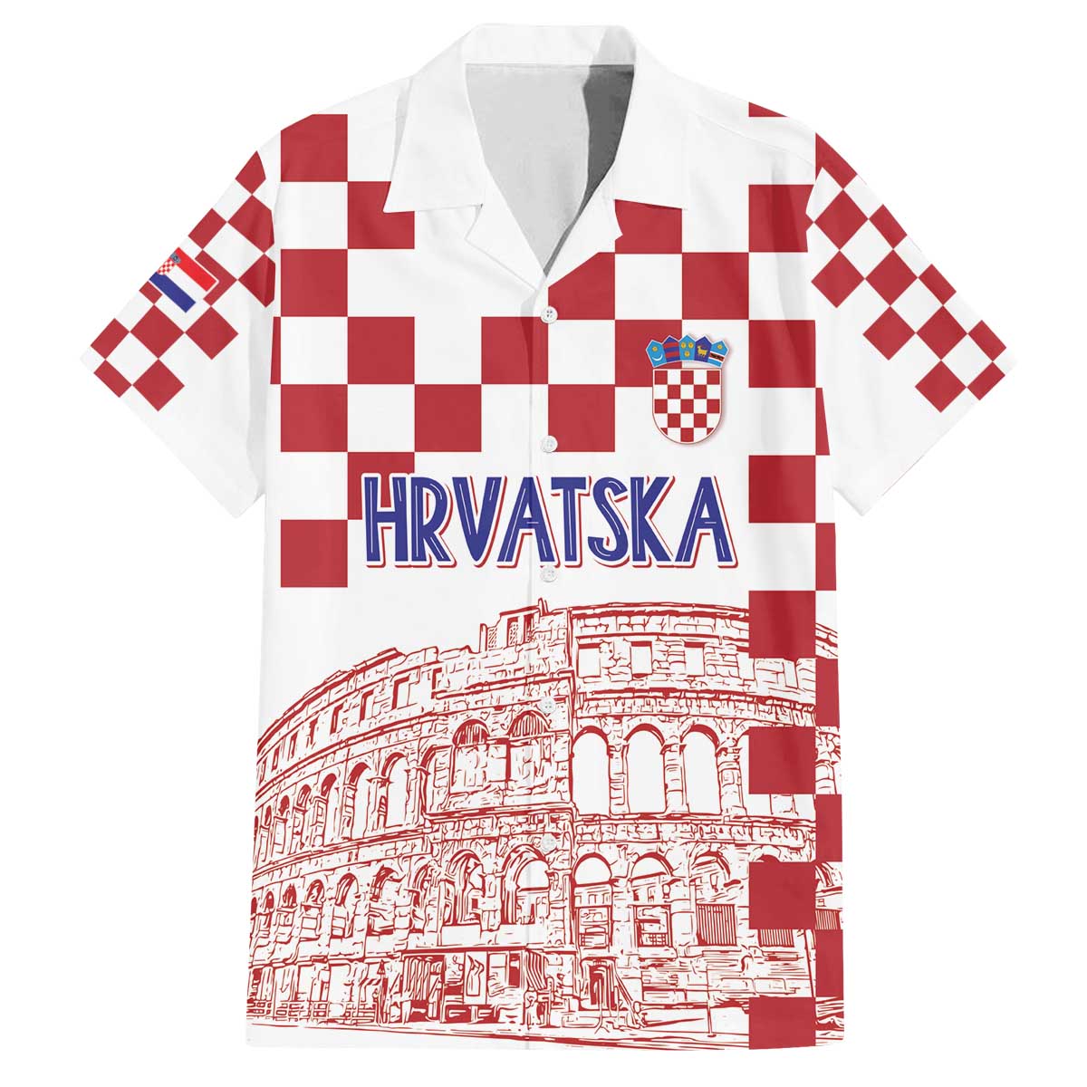 Croatia Football 2025 Custom Family Matching Off The Shoulder Long Sleeve Dress and Hawaiian Shirt White Hrvatska Kockasti - Pula Arena
