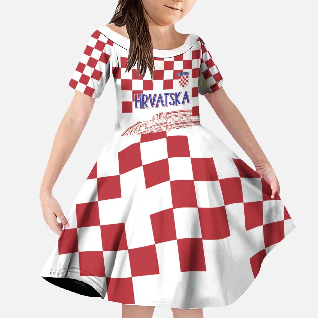 Croatia Football 2025 Custom Family Matching Off Shoulder Maxi Dress and Hawaiian Shirt White Hrvatska Kockasti - Pula Arena