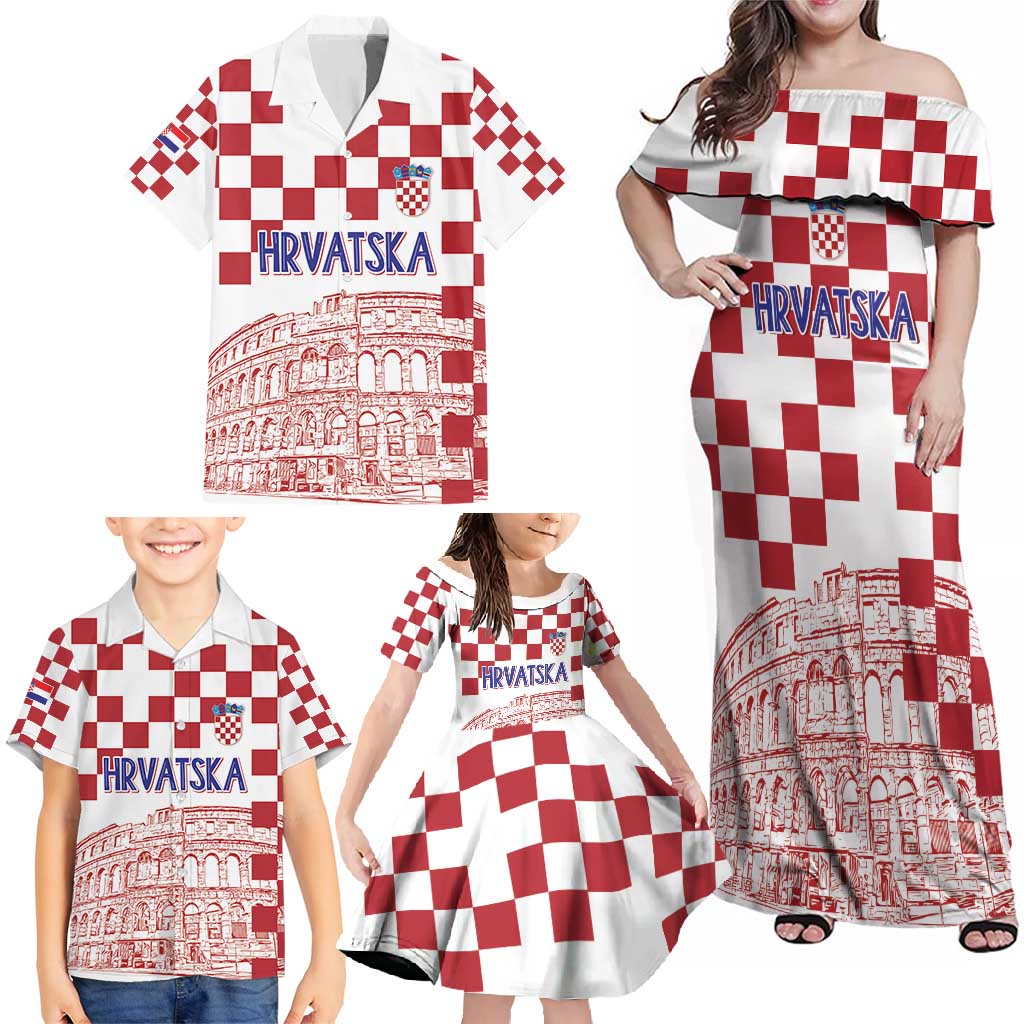 Croatia Football 2025 Custom Family Matching Off Shoulder Maxi Dress and Hawaiian Shirt White Hrvatska Kockasti - Pula Arena