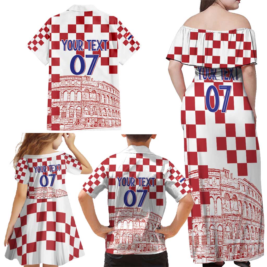 Croatia Football 2025 Custom Family Matching Off Shoulder Maxi Dress and Hawaiian Shirt White Hrvatska Kockasti - Pula Arena