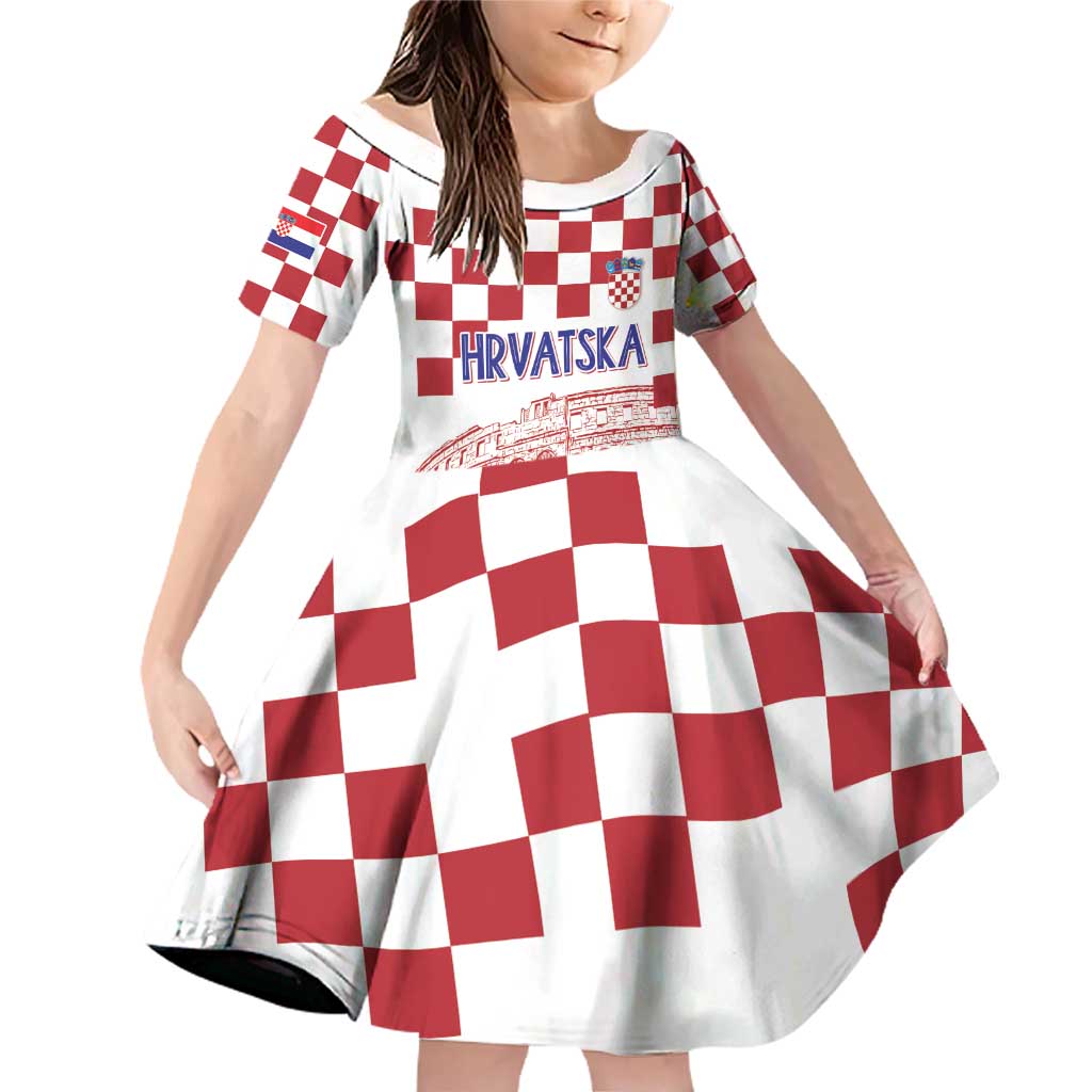 Croatia Football 2025 Custom Family Matching Off Shoulder Short Dress and Hawaiian Shirt White Hrvatska Kockasti - Pula Arena